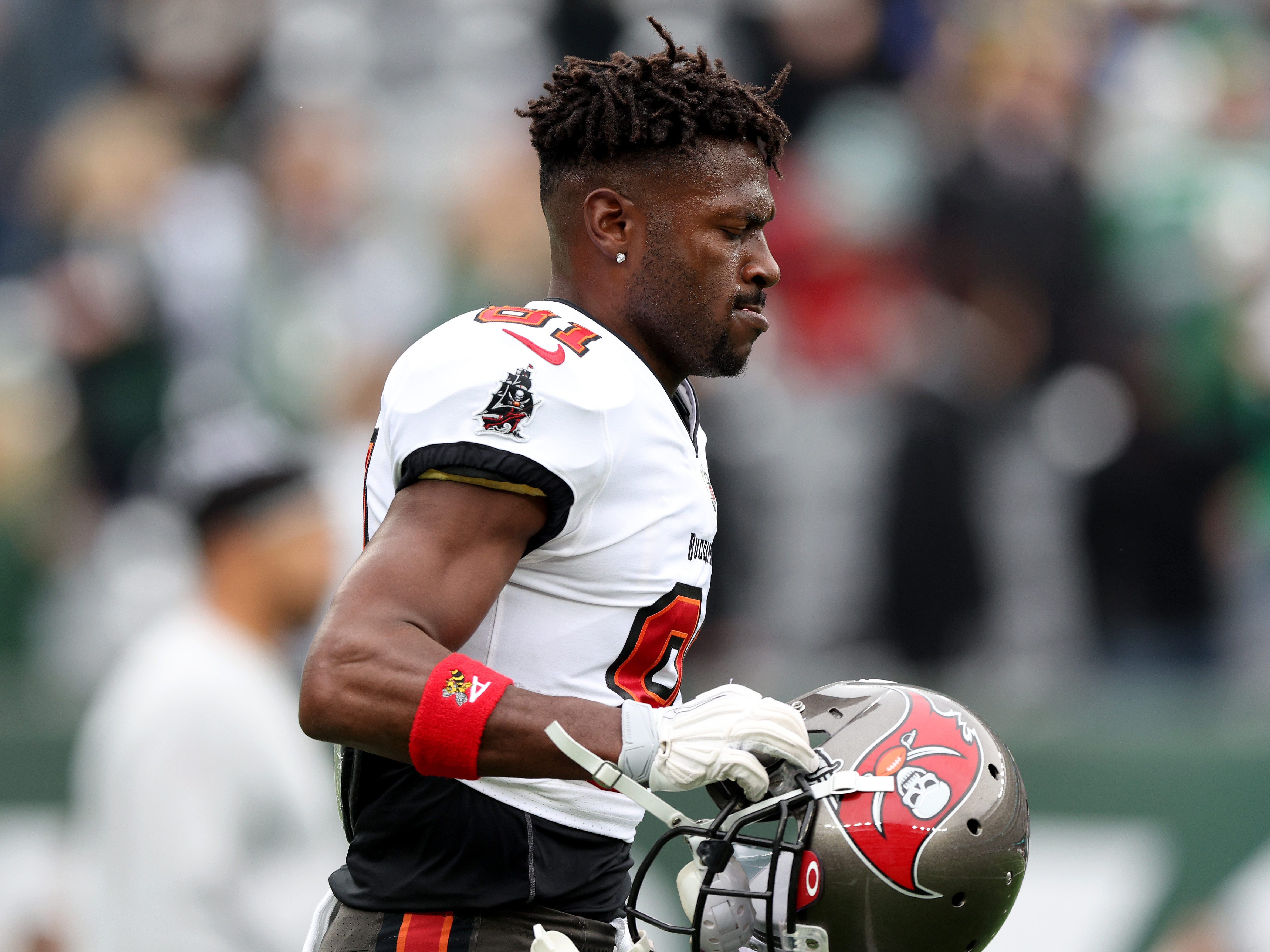caption: Antonio Brown, shown here during a game earlier this month in New Jersey, has officially been released from the Tampa Bay Buccaneers.