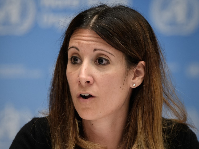 caption: Maria Van Kerkhove, a top World Health Organization official on COVID-19, speaks at a news conference in July.