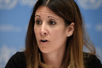 caption: Maria Van Kerkhove, a top World Health Organization official on COVID-19, speaks at a news conference in July.
