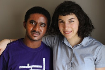 caption: Solomon Muche with mentor Elizabeth Stein, who first saw him as he sat in a homeless shelter studying for the SAT.
