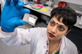 caption: Yeshnee Naidoo prepares a "flow cell" for analysis by one of the center's many genetic sequencing machines.