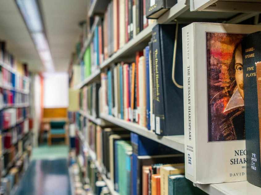 caption: Books line the shelves at the Rice University Library in April 2022 in Houston.