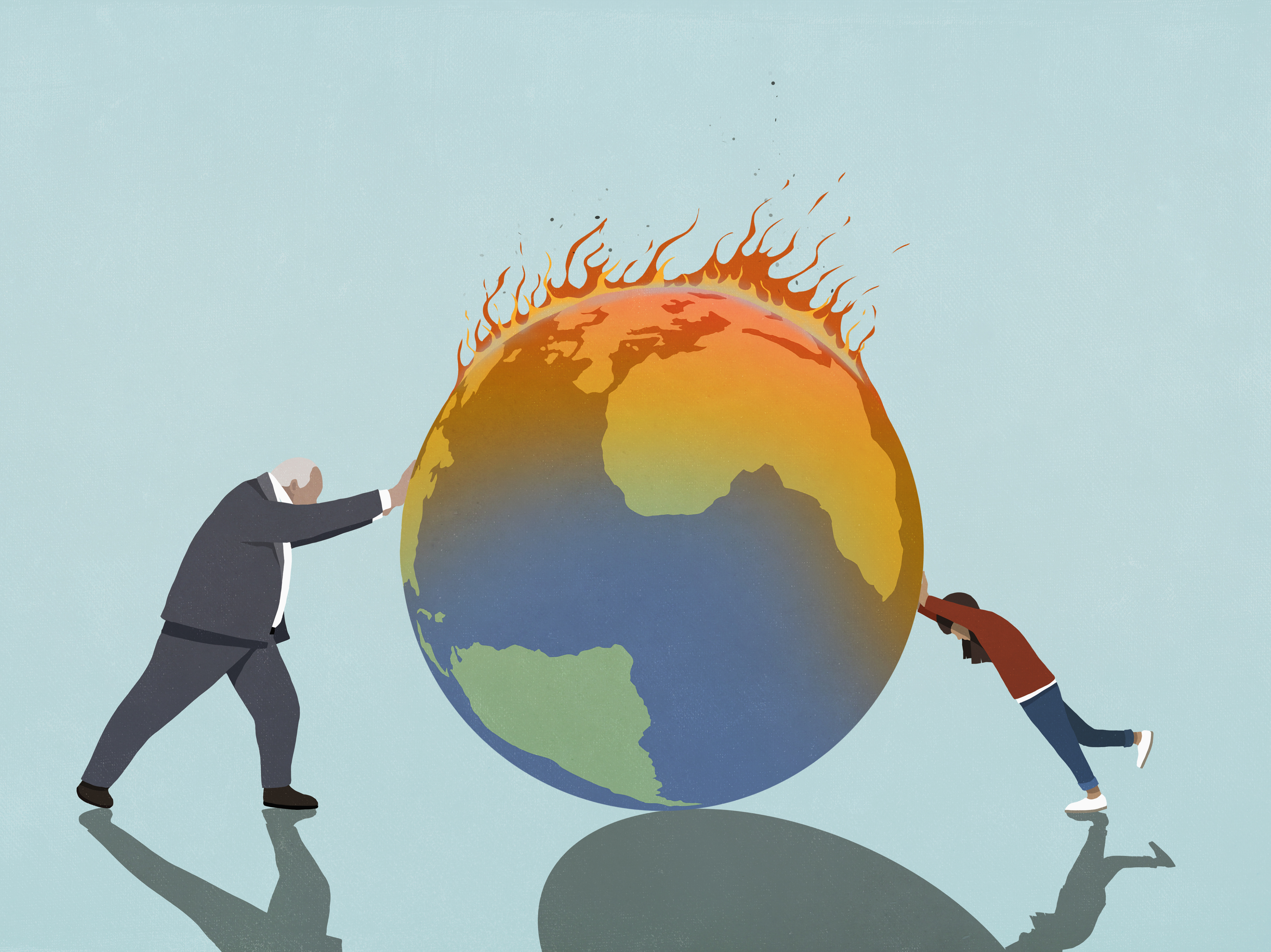 Stock image of a businessman and a girl pushing a burning globe.