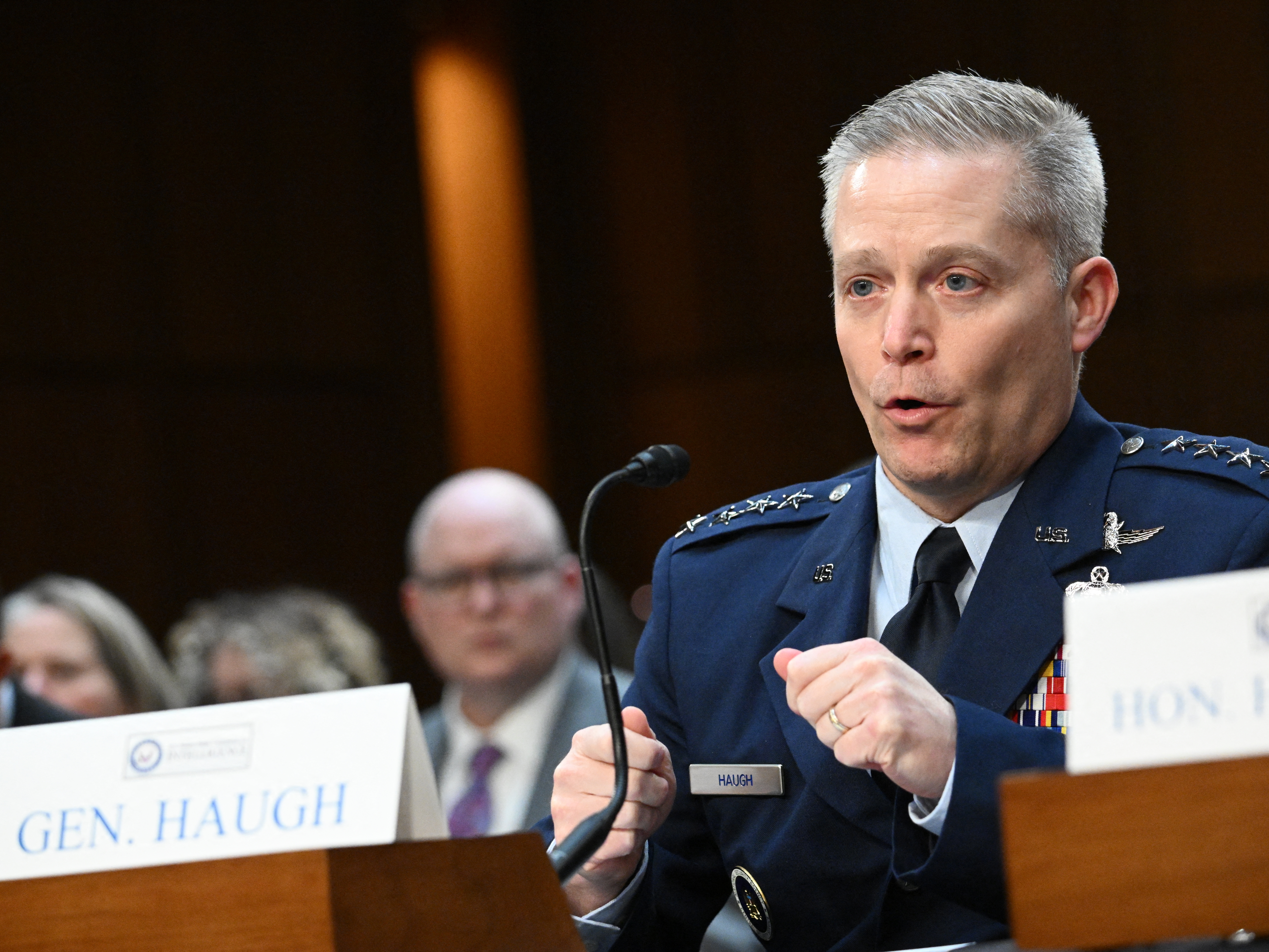 caption: The head of the National Security Agency, Gen. Timothy Haugh, testifies before the Senate Intelligence Committee in 2024. Haugh is the latest of several top military officials to be fired by the Trump administration.