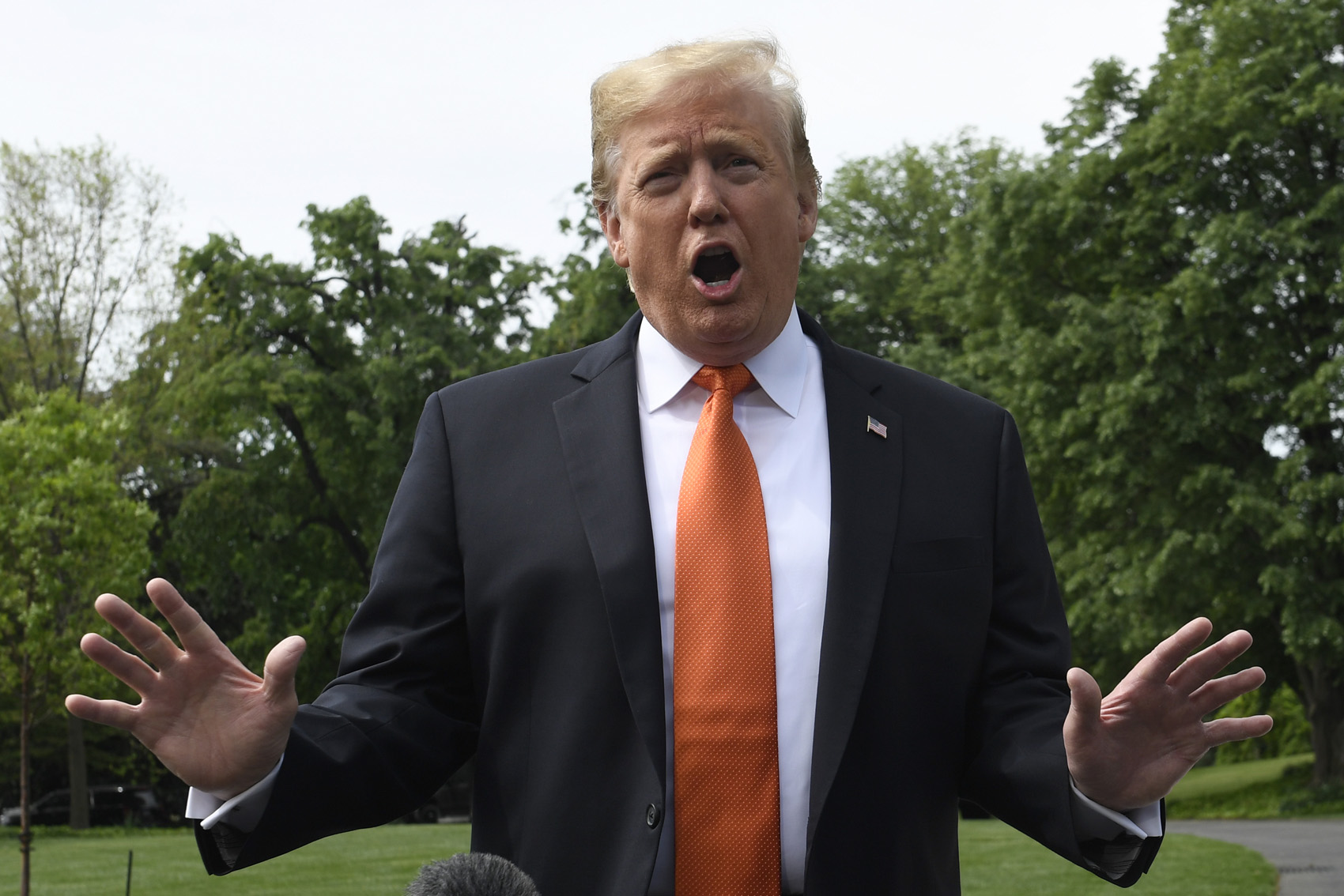 caption: President Donald Trump talks with reporters on the South Lawn of the White House in Washington, Wednesday, April 24, 2019. (Susan Walsh/AP)