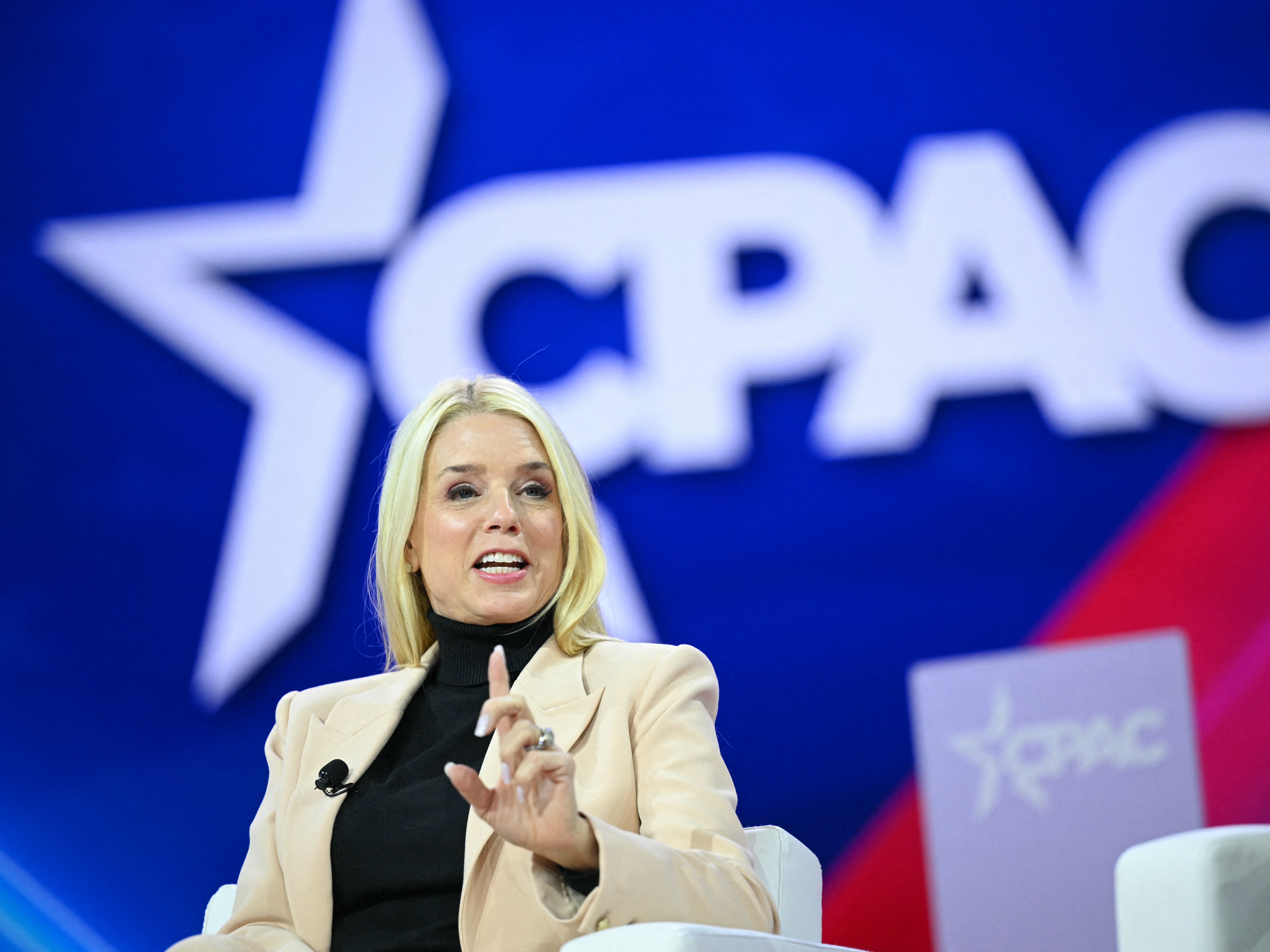caption: Former Florida Attorney General Pam Bondi speaks during the annual Conservative Political Action Conference meeting on Feb. 23 in National Harbor, Md.
