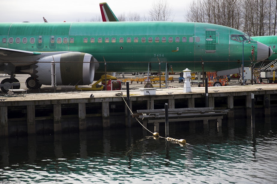 caption: A Boeing 737 aircraft is shown on Thursday, March 14, 2019, at the Boeing Renton Factory in Renton.