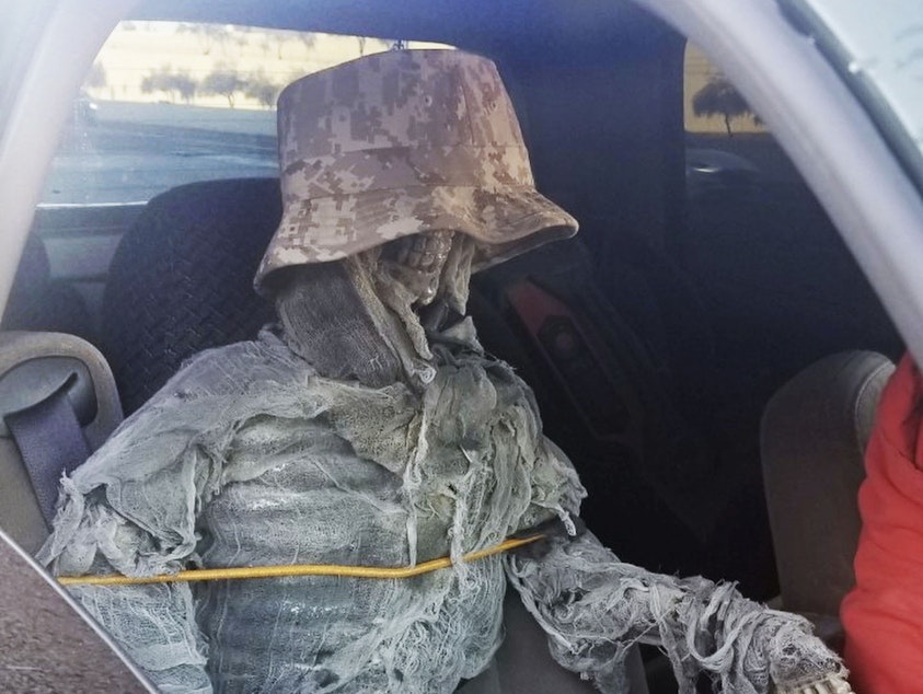 caption: This Thursday, Jan. 23, 2020, photo provided by the Arizona Department of Public Safety shows a dummy skeleton found after a state trooper traffic stop of a 62-year-old man for an HOV lane violation in Phoenix. (Arizona Department of Public Safety via AP)