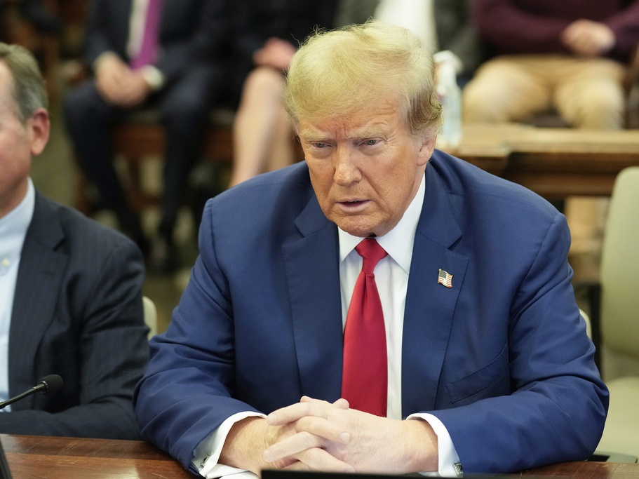 caption: FILE - Former President Donald Trump sits in the courtroom before the start of closing arguments in his civil business fraud trial at New York Supreme Court, Jan. 11, 2024, in New York. (AP Photo/Seth Wenig, Pool, File)