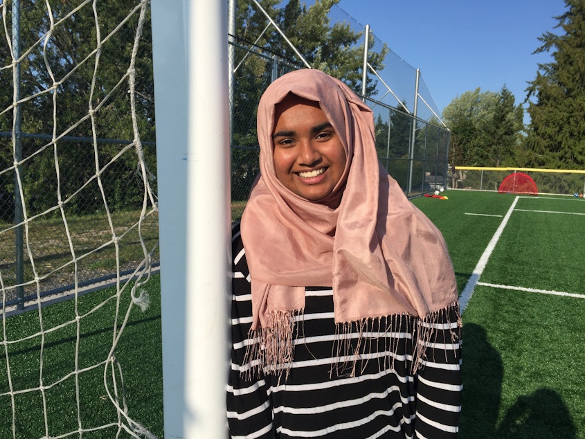 caption: Noor Aamir, the founder of a soccer camp for Muslim girls. 