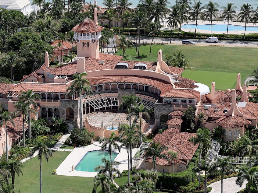 caption: In this aerial view, former President Donald Trump's Mar-a-Lago estate is seen on Sept. 14 in Palm Beach, Fla.