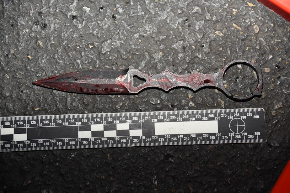 caption: Officer Lyman's knife, photographed at the scene. 