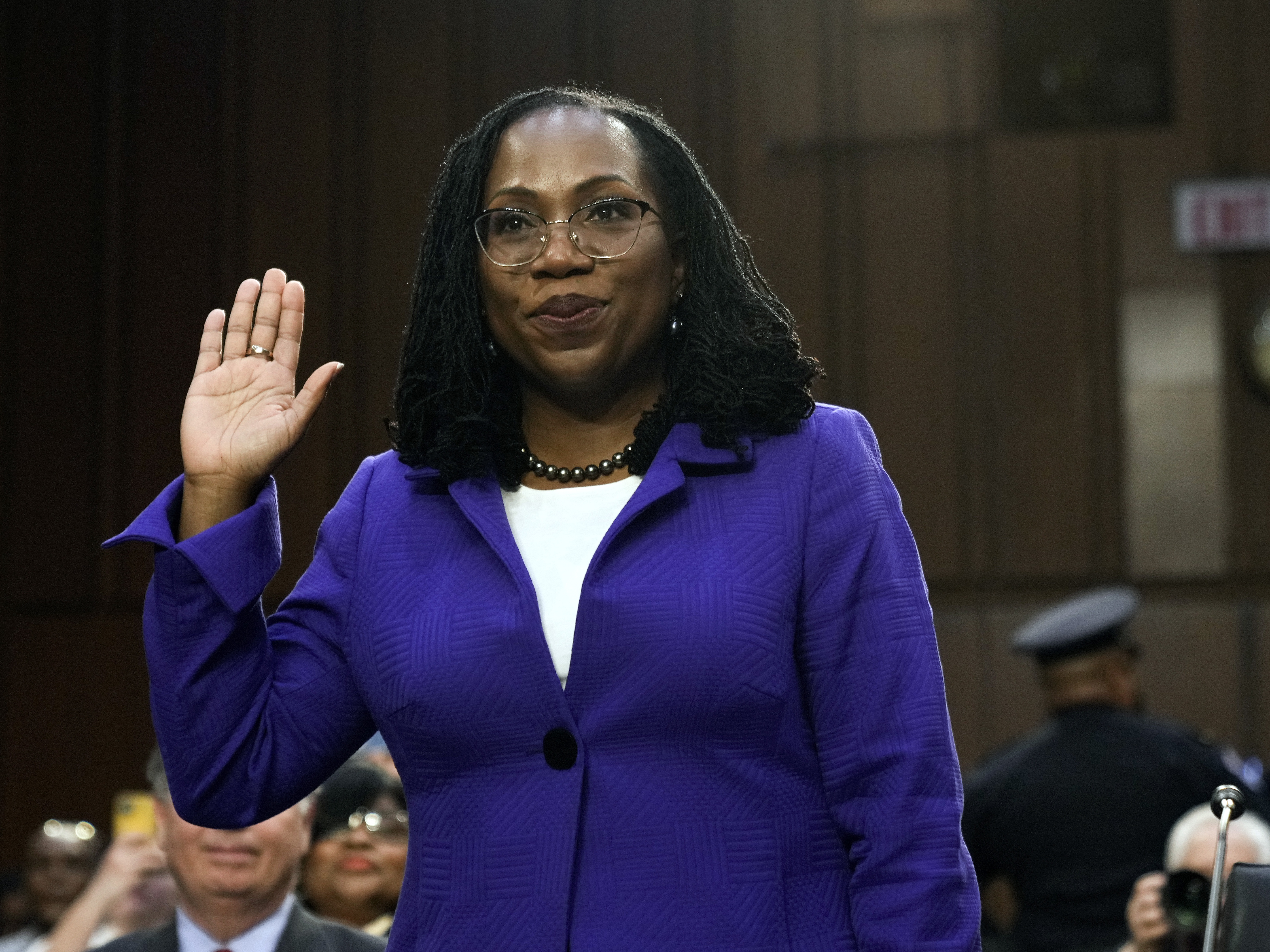 caption: Judge Ketanji Brown Jackson is sworn-in during her Supreme Court confirmation hearing before the Senate Judiciary Committee on March 21, 2022.