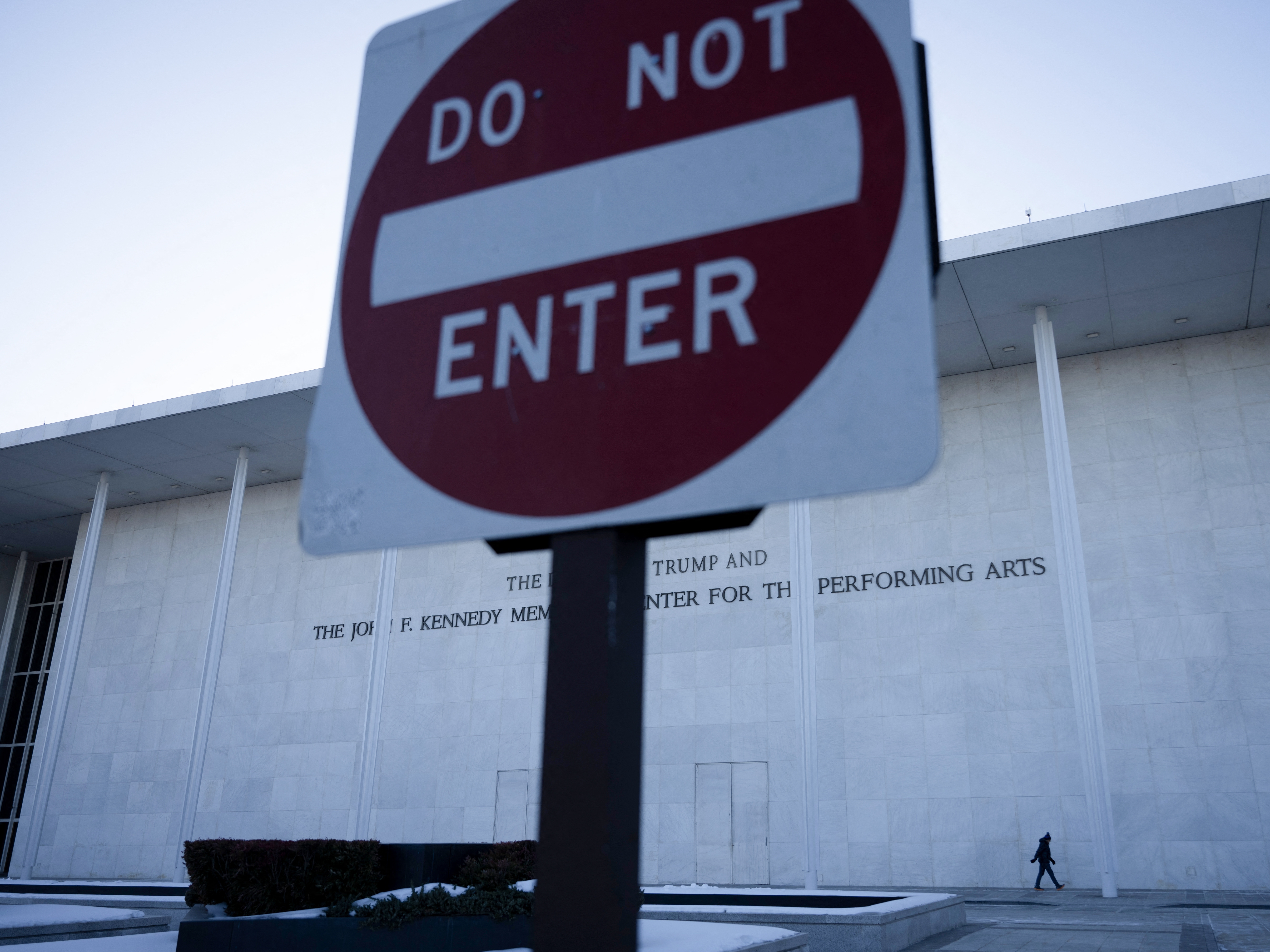 caption: A view of the Kennedy Center in Washington, D.C., in February. On Monday, a group of eight architecture and culture groups filed a federal lawsuit against President Trump and the arts complex's board to halt a planned renovation.
