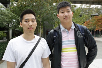 caption: North Seattle College international students Max Putera and Jeffrey Tung.