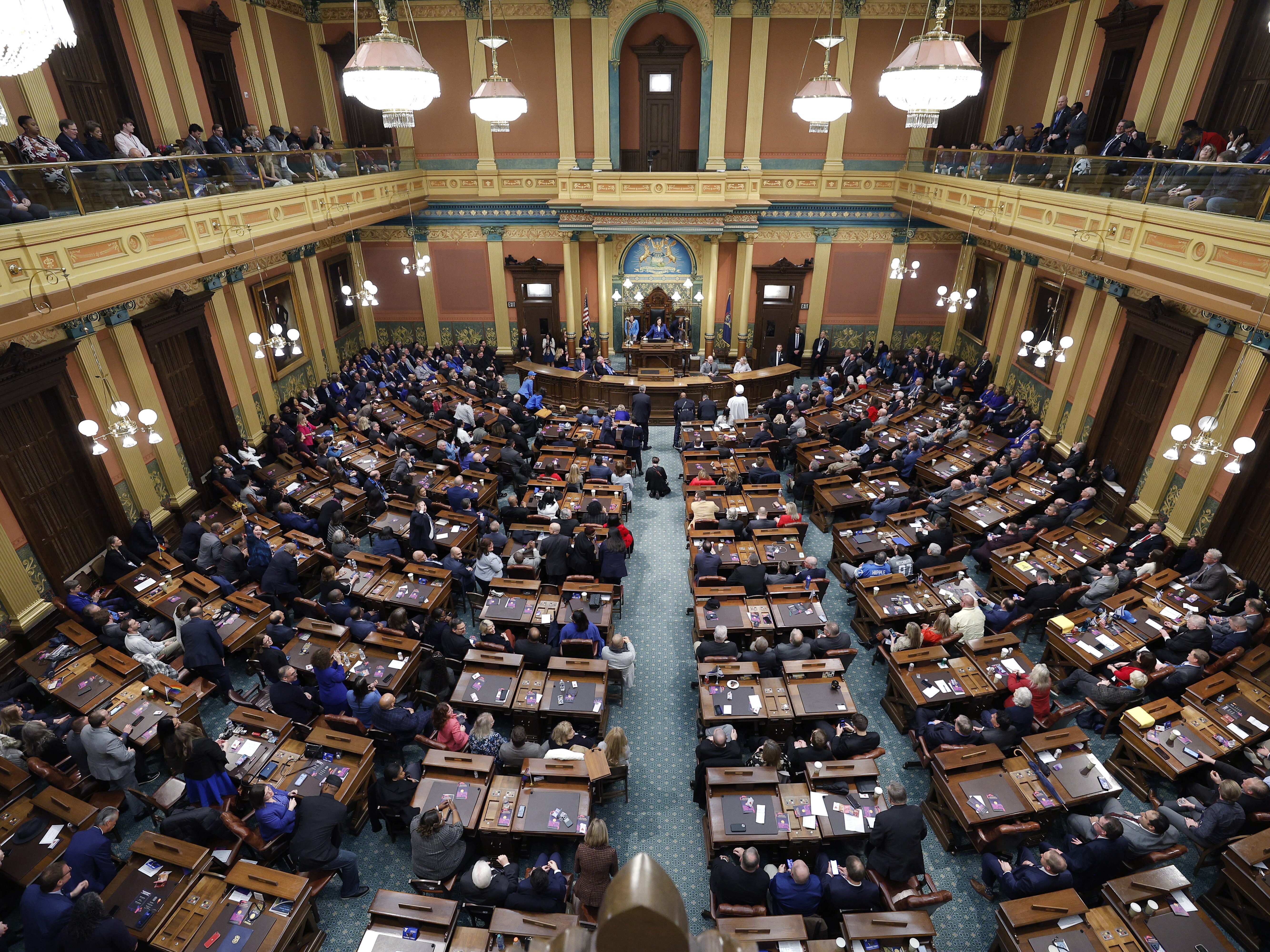 caption: Michigan Democratic Gov. Gretchen Whitmer delivers her State of the State address in January 2024. Republicans won control of the Michigan House this year, ending the Democratic trifecta that ushered in a wave of progressive policies.