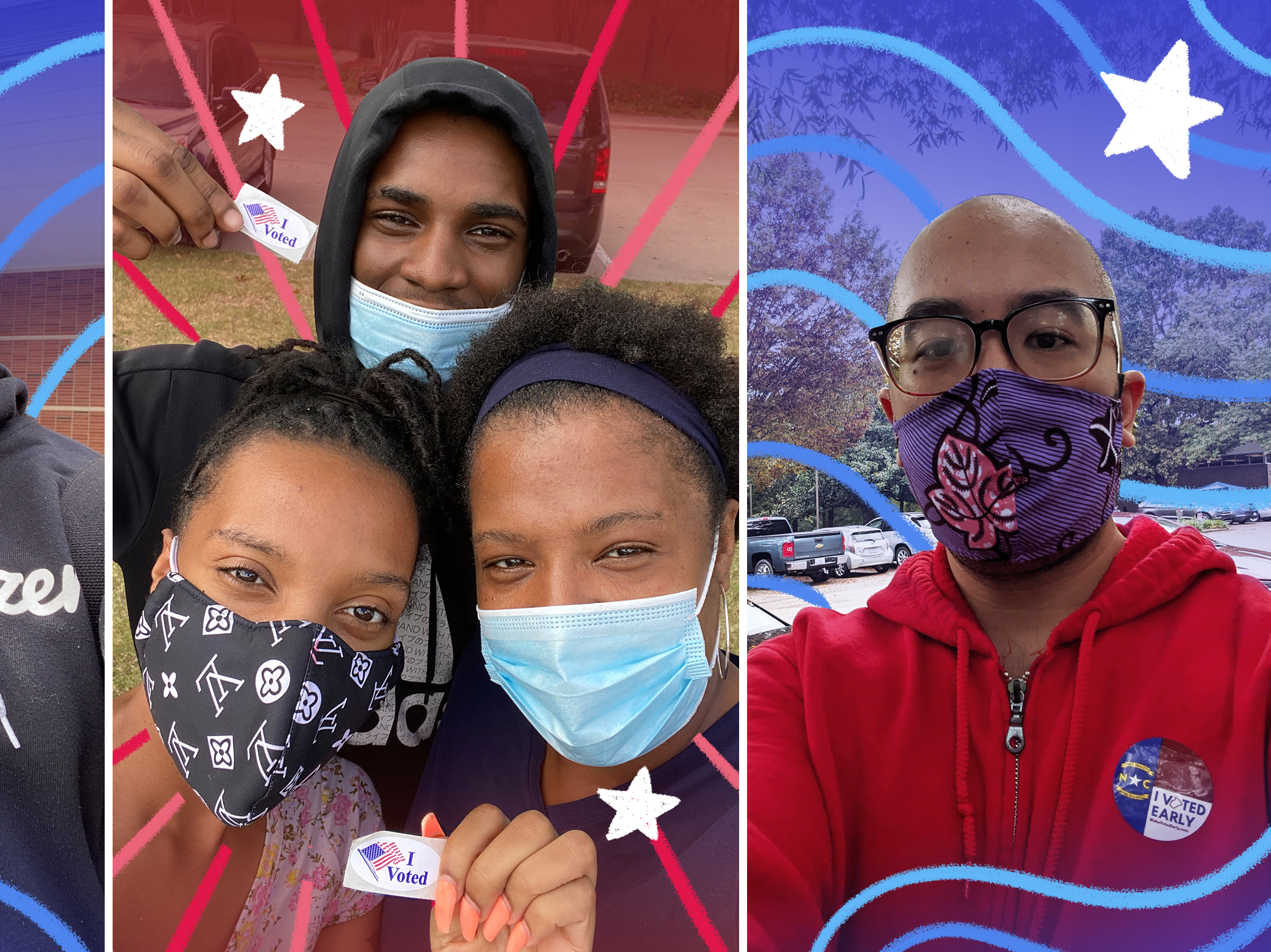 caption: Voters from around the U.S. shared their voting stories and selfies with NPR. Michael Rose (left) from Brooklyn, Stacy Adams and two of her children (middle) from Dallas, and Kevin Uy (right) from Raleigh, N.C., all voted early this year.