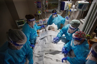 caption: A team of nurses, patient care technicians and a respiratory therapist prepare to return a COVID patient to their back after 24 hours of lying on their stomach. That posture makes it easier to breathe and is a critical part of treatment for COVID patients in hospitals.
