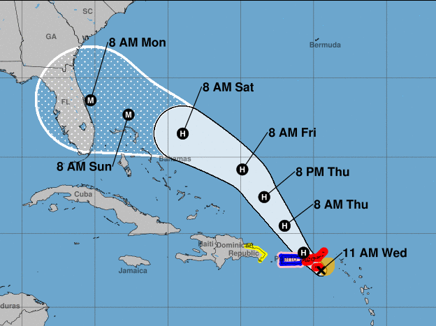 caption: Dorian is predicted to strengthen into a major hurricane before reaching Florida's coast early Monday, the National Hurricane Center says.