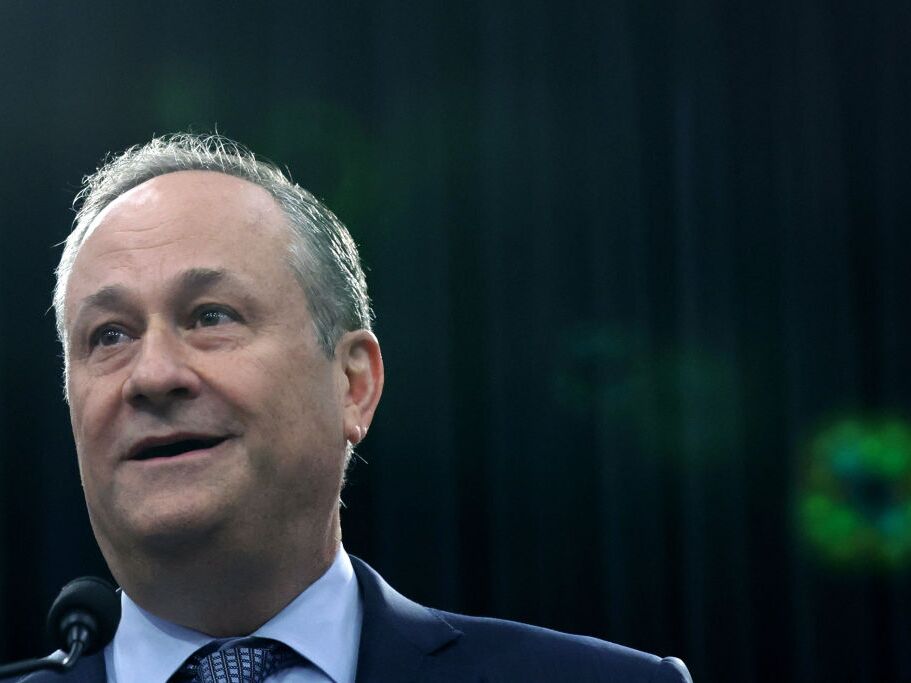 caption: Second gentleman Doug Emhoff is pictured at an event on Capitol Hill in February. On Tuesday, he spoke to the Adas Israel Congregation about the hostages who were recently found killed in the Gaza Strip.