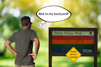 caption: A collage showing a man with his back to the viewer, looking at a sign for Seattle's Denny Blaine Park. There's a warning notice on the park sign that says "NUDE BEACH AHEAD." The man is thinking, "Not in my backyard." Photos courtesy of Canva and KUOW.