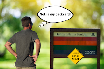 caption: A collage showing a man with his back to the viewer, looking at a sign for Seattle's Denny Blaine Park. There's a warning notice on the park sign that says "NUDE BEACH AHEAD." The man is thinking, "Not in my backyard." Photos courtesy of Canva and KUOW.