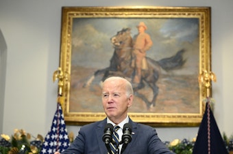 caption: President Joe Biden urged Congress to pass funding for Ukraine in the Roosevelt Room of the White House on Dec. 6, 2023.
