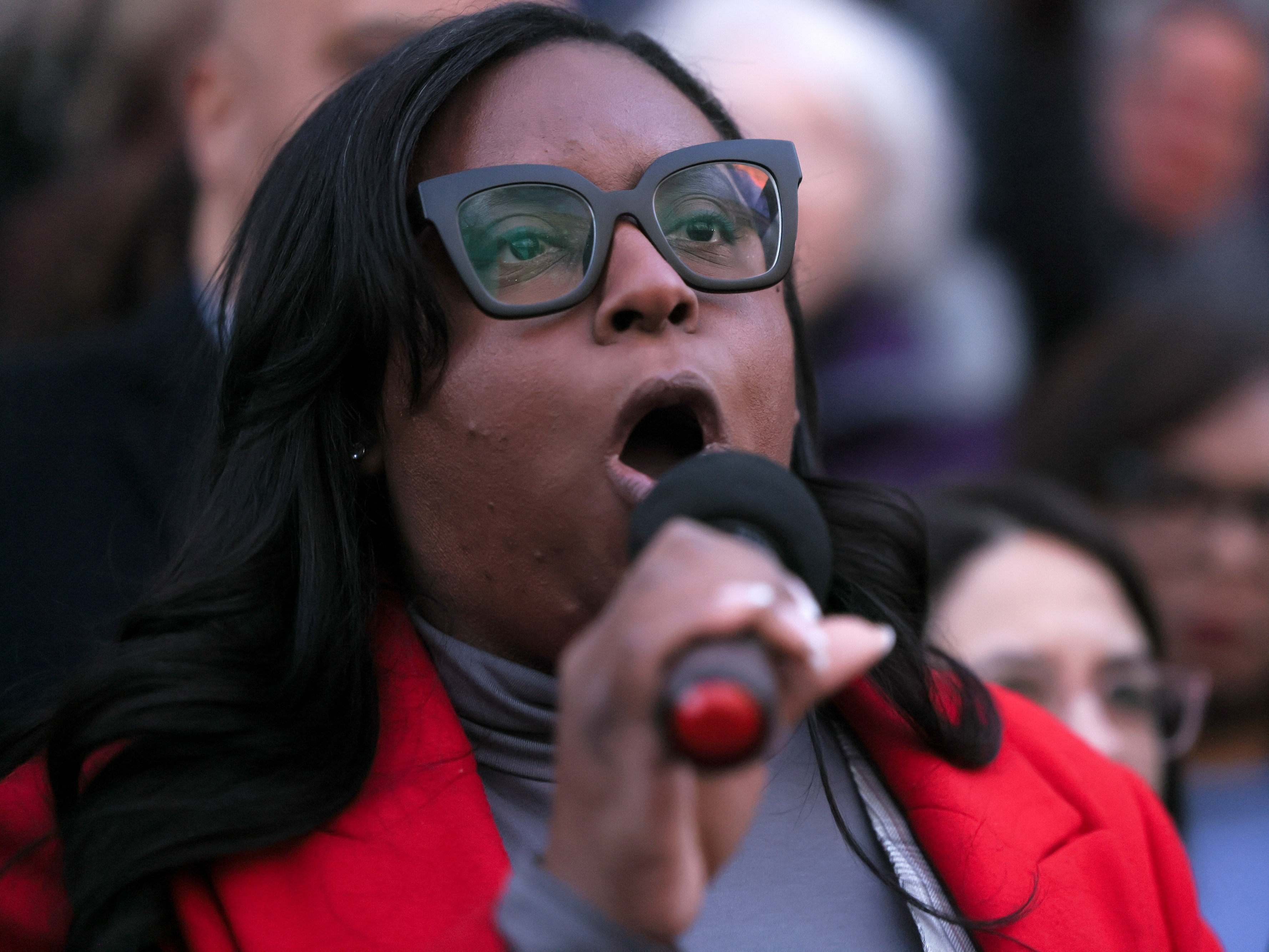 caption: Rep. LaMonica McIver, D-N.J., speaks during a rally at the U.S. Treasury Department in February 2025 in Washington, D.C.