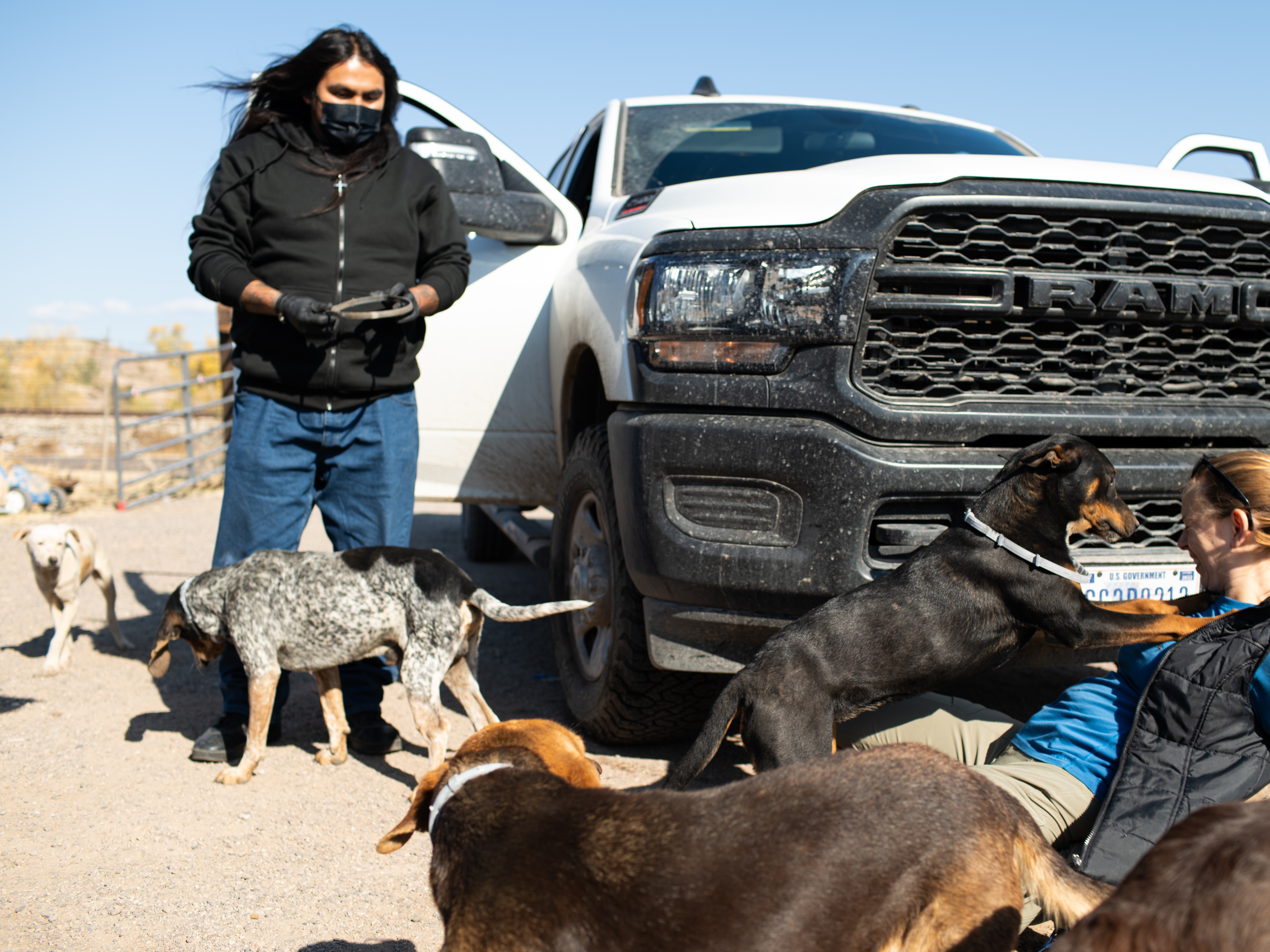 caption: San Carlos Animal Control specialist Timothy Nozie and entomologist Maureen Brophy put tick collars on dogs on Dec. 6, 2024, on the San Carlos Apache Nation. As part of an effort to reduce tick-borne illnesses, Brophy and her CDC colleagues are teaming up with local animal control to tackle the tick population.