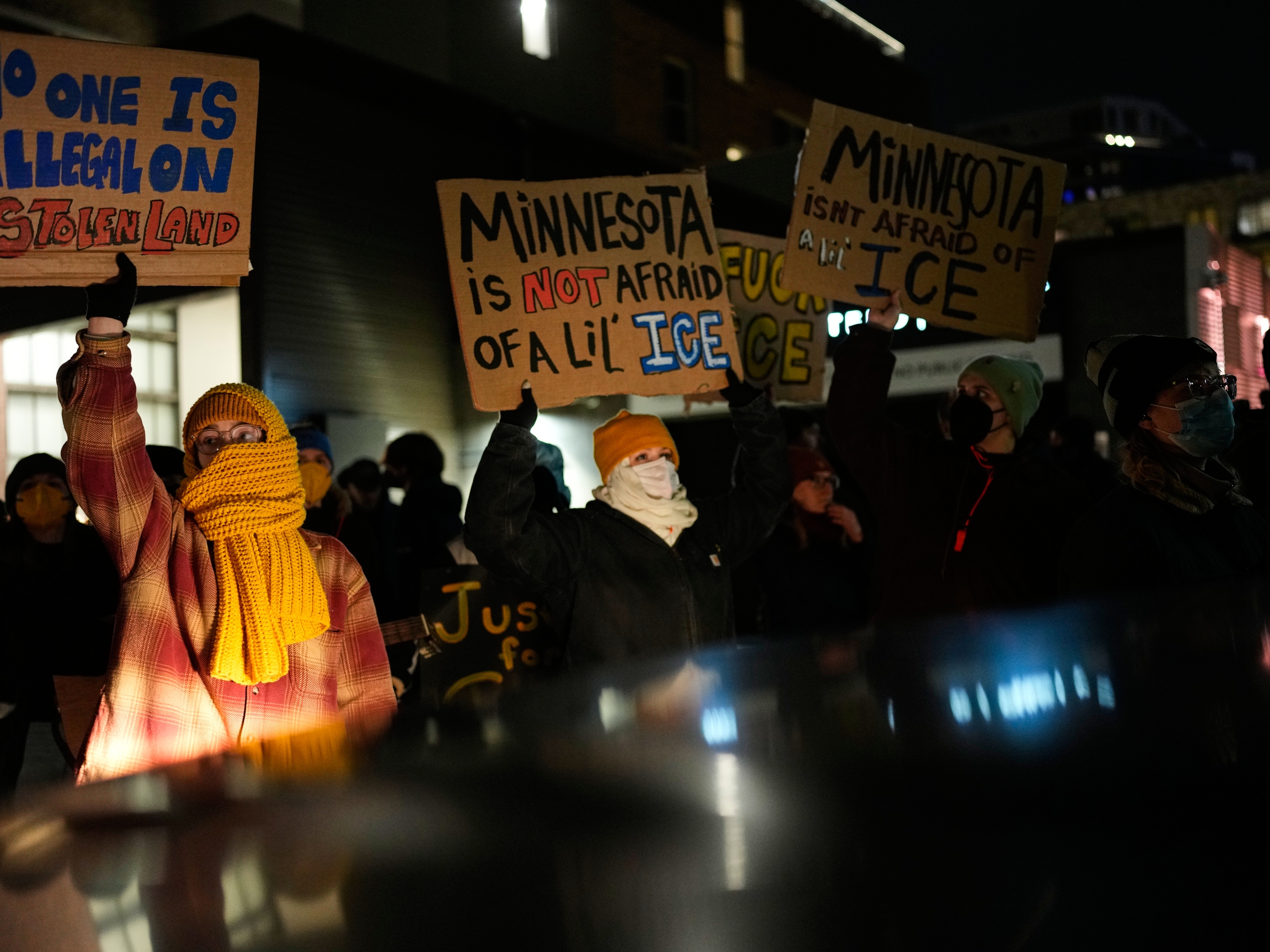 caption: People participate in a protest and noise demonstration calling for an end to federal immigration enforcement operations in the city, Friday, Jan. 9, 2026, in Minneapolis.