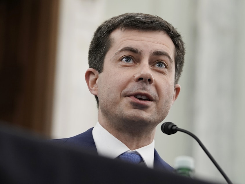 caption: The Senate confirmed Pete Buttigieg to be President Biden's transportation secretary on Tuesday. Buttigieg is the first openly gay man to win Senate confirmation to a Cabinet post.