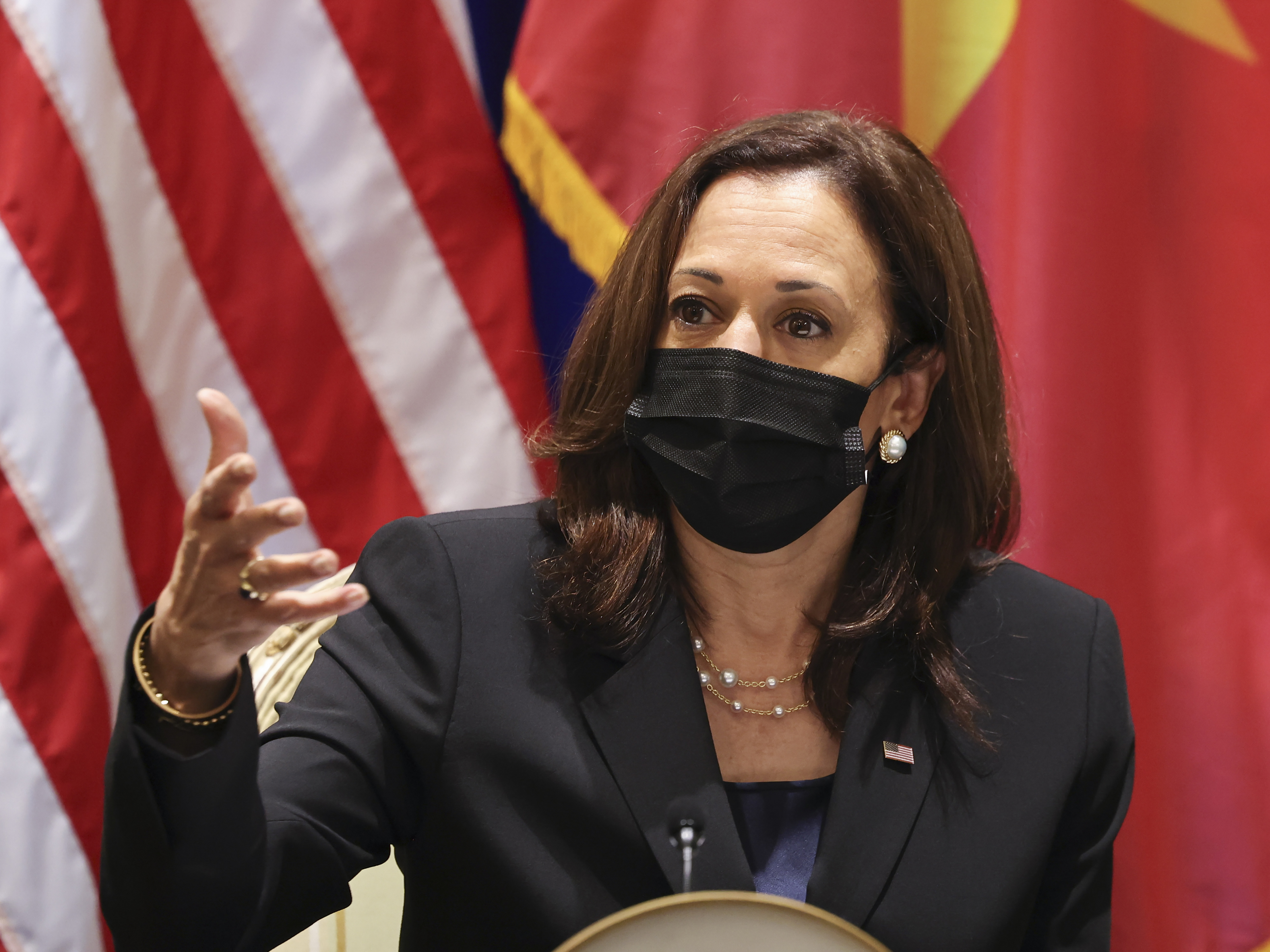 caption: U.S. Vice President Harris meets with civil society change makers who work on LGBT, transgender, and disability rights and climate change, at the U.S. Chief of Mission's residence in Hanoi, Vietnam, Thursday.
