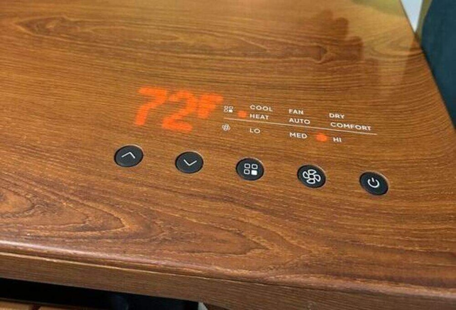 caption: The temperature controls on a Transaera air conditioning unit. (Julia Corcoran/Here & Now)