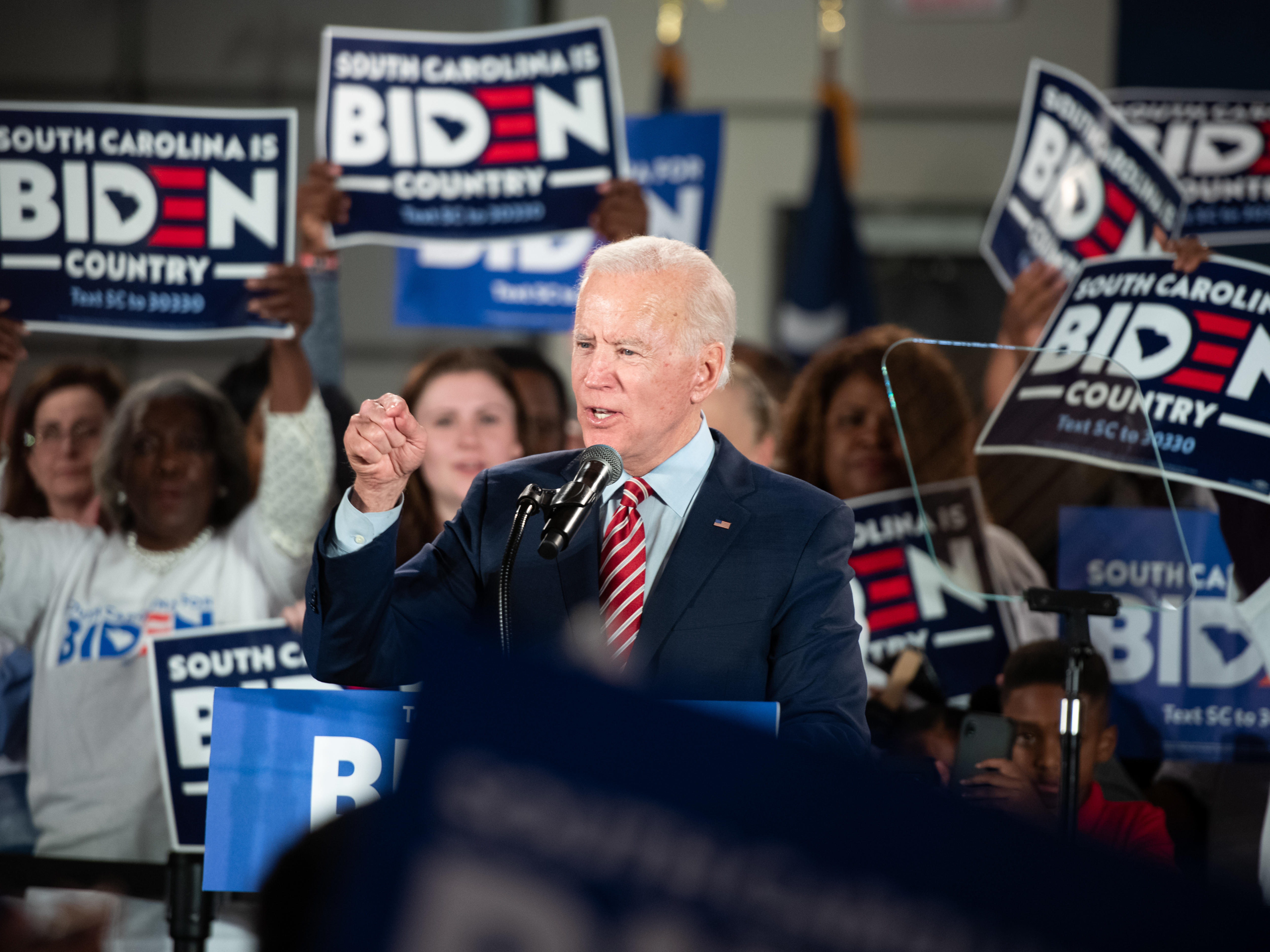 caption: Democratic presidential candidate and former Vice President Joe Biden addresses supporters Tuesday night in Columbia, S.C. Biden skipped a primary night event in New Hampshire, expecting a poor showing.