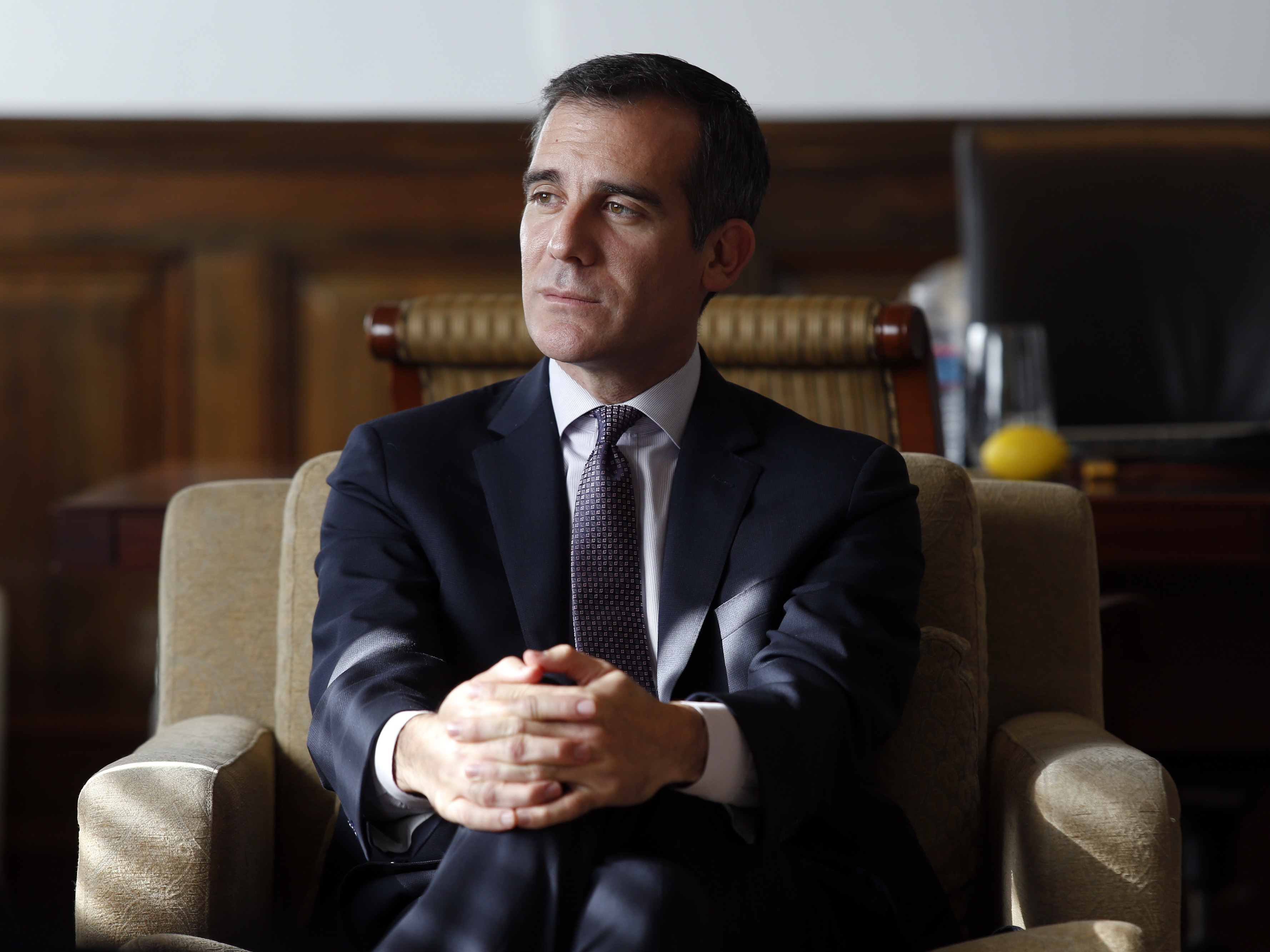 caption: Eric Garcetti, then the mayor of Los Angeles, during an interview in his office at City Hall in Los Angeles on Jan. 13, 2015.