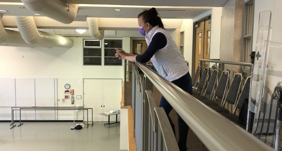 caption: Choreographer Jessica Lang at Pacific Northwest Ballet studios, overseeing rehearsal of her new ballet "Ghost Variations"