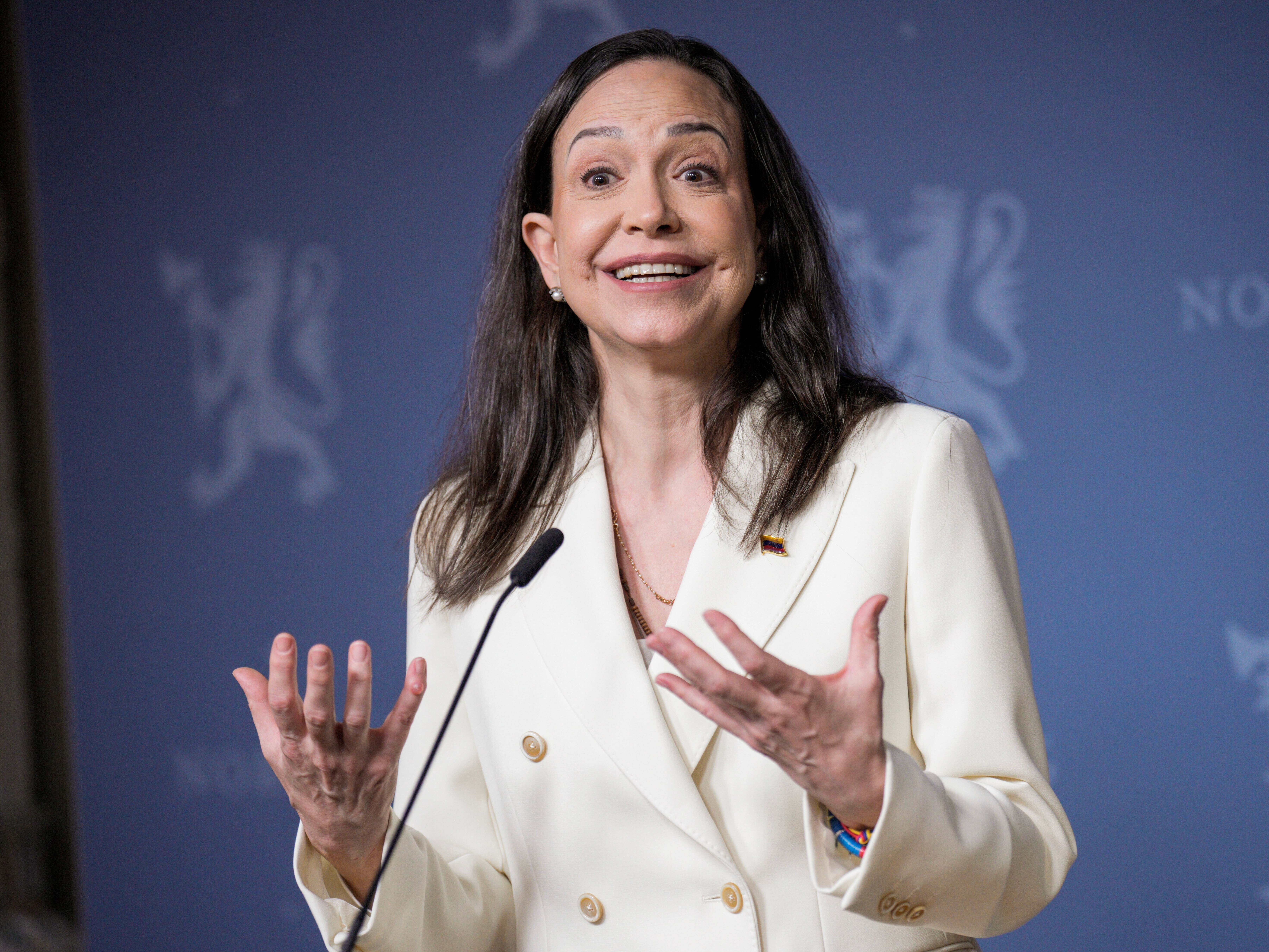 caption: Nobel Peace Prize laureate María Corina Machado speaks during a press conference at the government's representative facilities in Oslo, Norway, Thursday, Dec. 11, 2025.