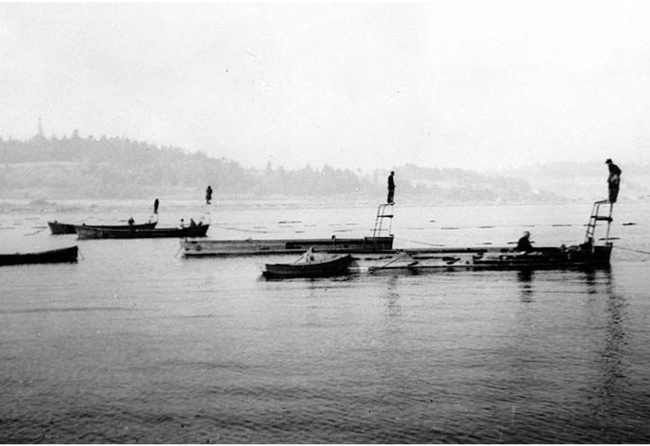 caption: Reef netting for salmon near Point Roberts, Washington, circa 1940.
