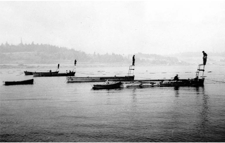 caption: Reef netting for salmon near Point Roberts, Washington, circa 1940.