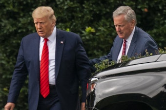 caption: Then-President Donald Trump talks to White House chief of staff Mark Meadows, right, as they walk from the Oval Office at the White House on Sept. 12, 2020.