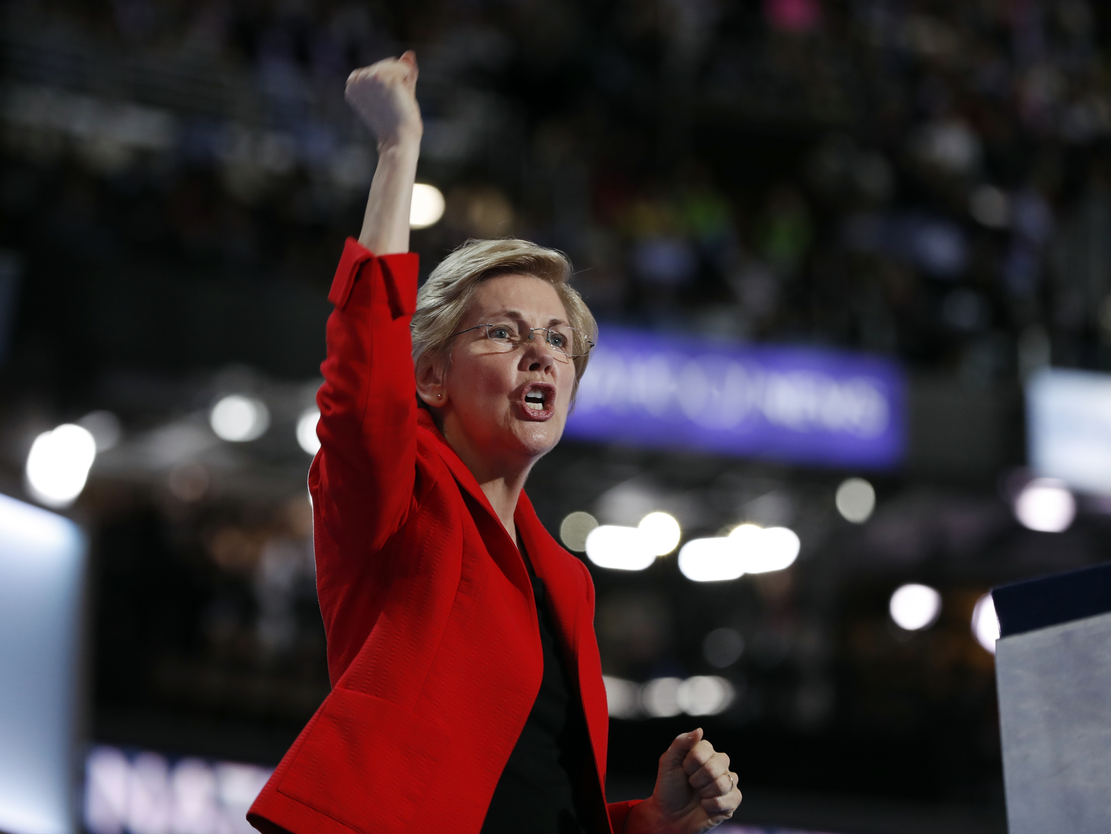 caption: Sen. Elizabeth Warren, D-Mass., speaks during the first day of the Democratic National Convention in Philadelphia in July 2016.