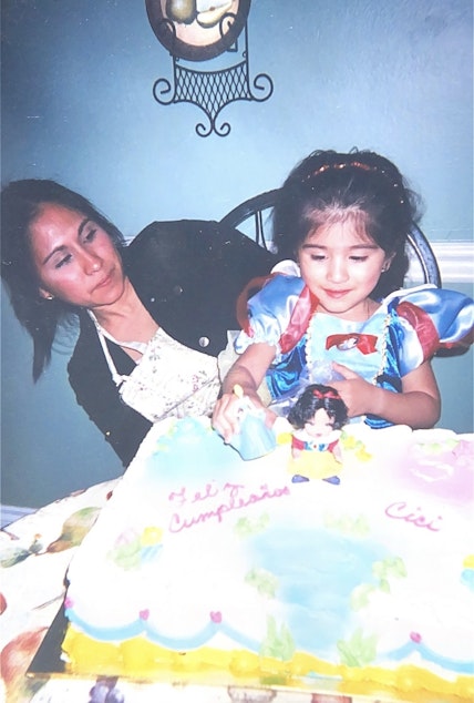 caption: Ana Iglesias (left) and Eva Solorio celebrating Eva's 8th birthday.