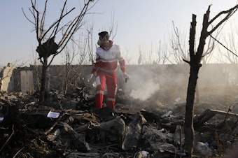 caption: A rescue worker searches the scene where a Ukrainian plane crashed near Tehran on Wednesday, killing all on board. Iranian state TV reported Saturday that the military mistakenly shot the plane down.