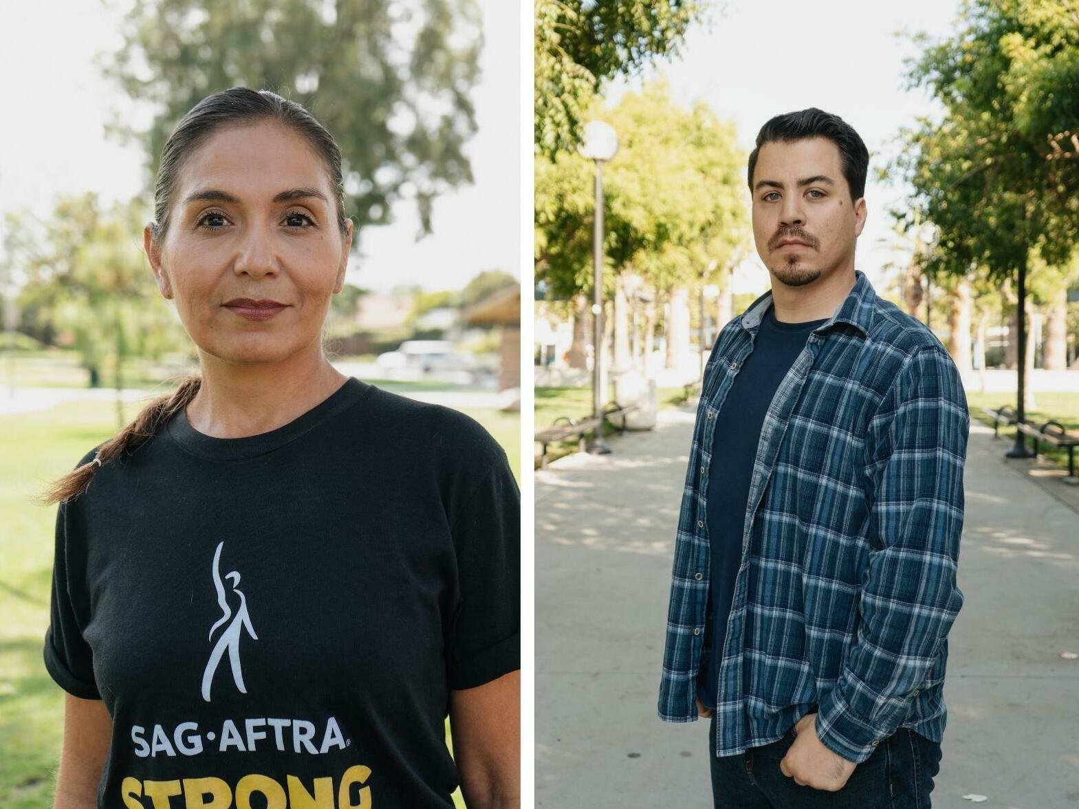 caption: Los Angeles based background actors Rebecca Safier (left), Alexandria Rubalcaba and Dom Lubsey have all had production companies scan their faces and bodies to make digital replicas.