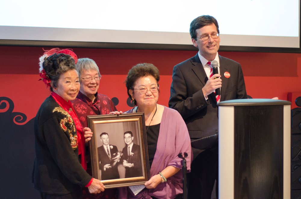 caption: Wing Luke's surviving siblings, Ruby Luke (left), Marge Young, and Bettie Luke at Attorney General Bob Ferguson's announcement of the new civil rights investigative unit.