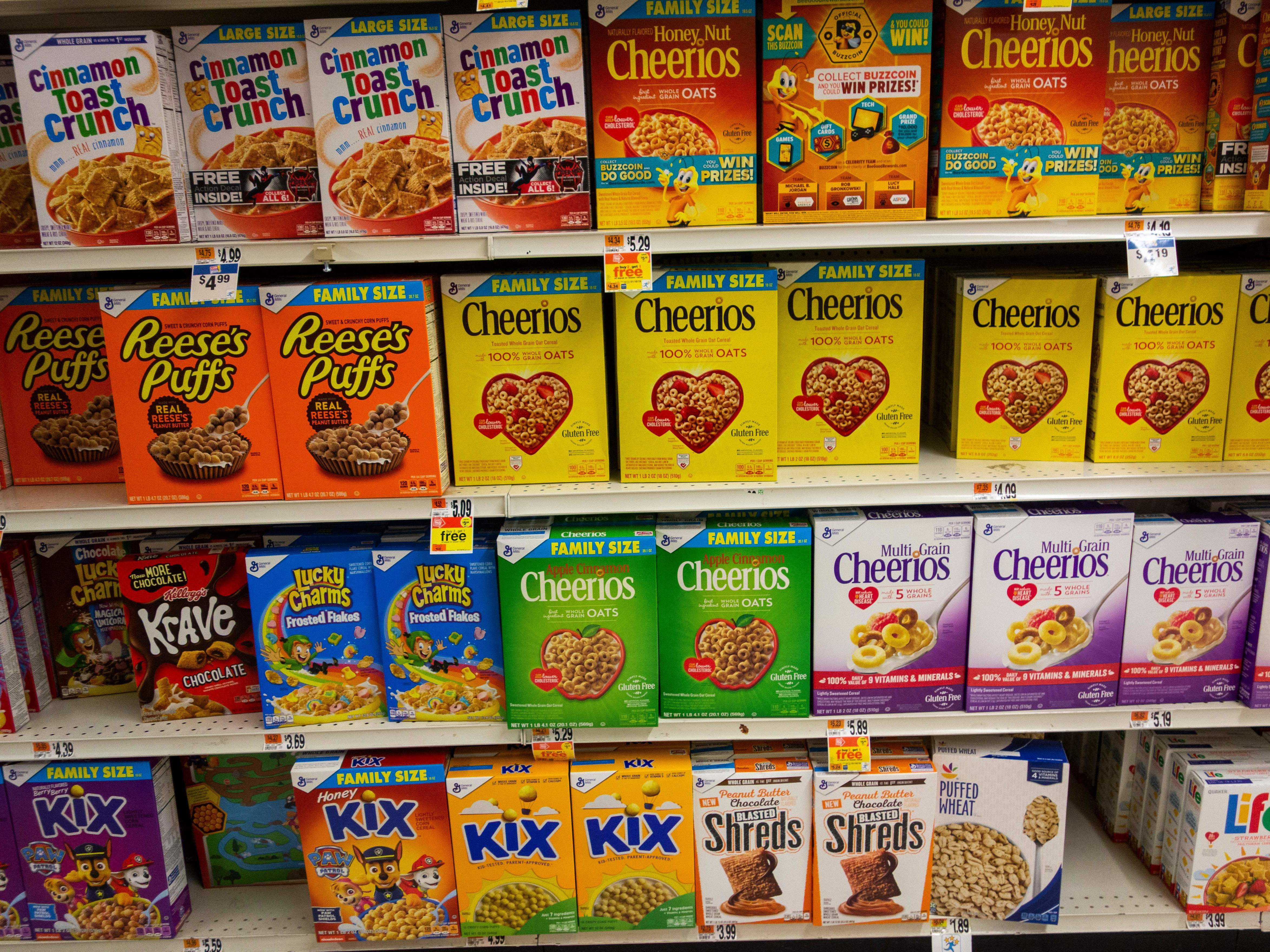 Several brands of cereal boxes fill the shelves at a grocery store January 10, 2019 in New Rochelle, New York.