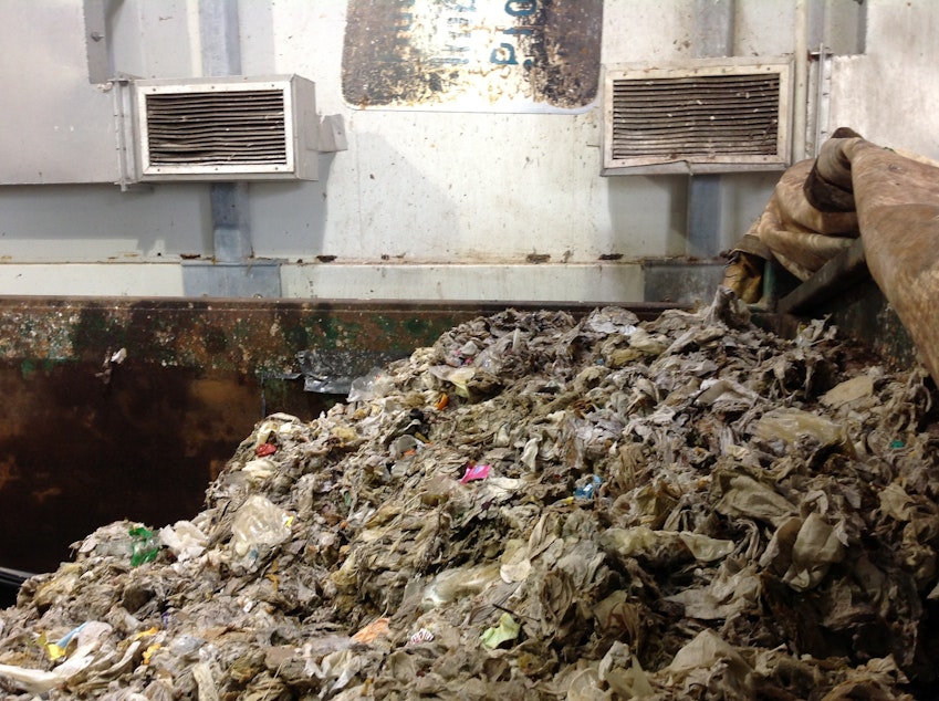 caption: A small portion of the trash crews remove from the Seattle area wastewater system every day. 