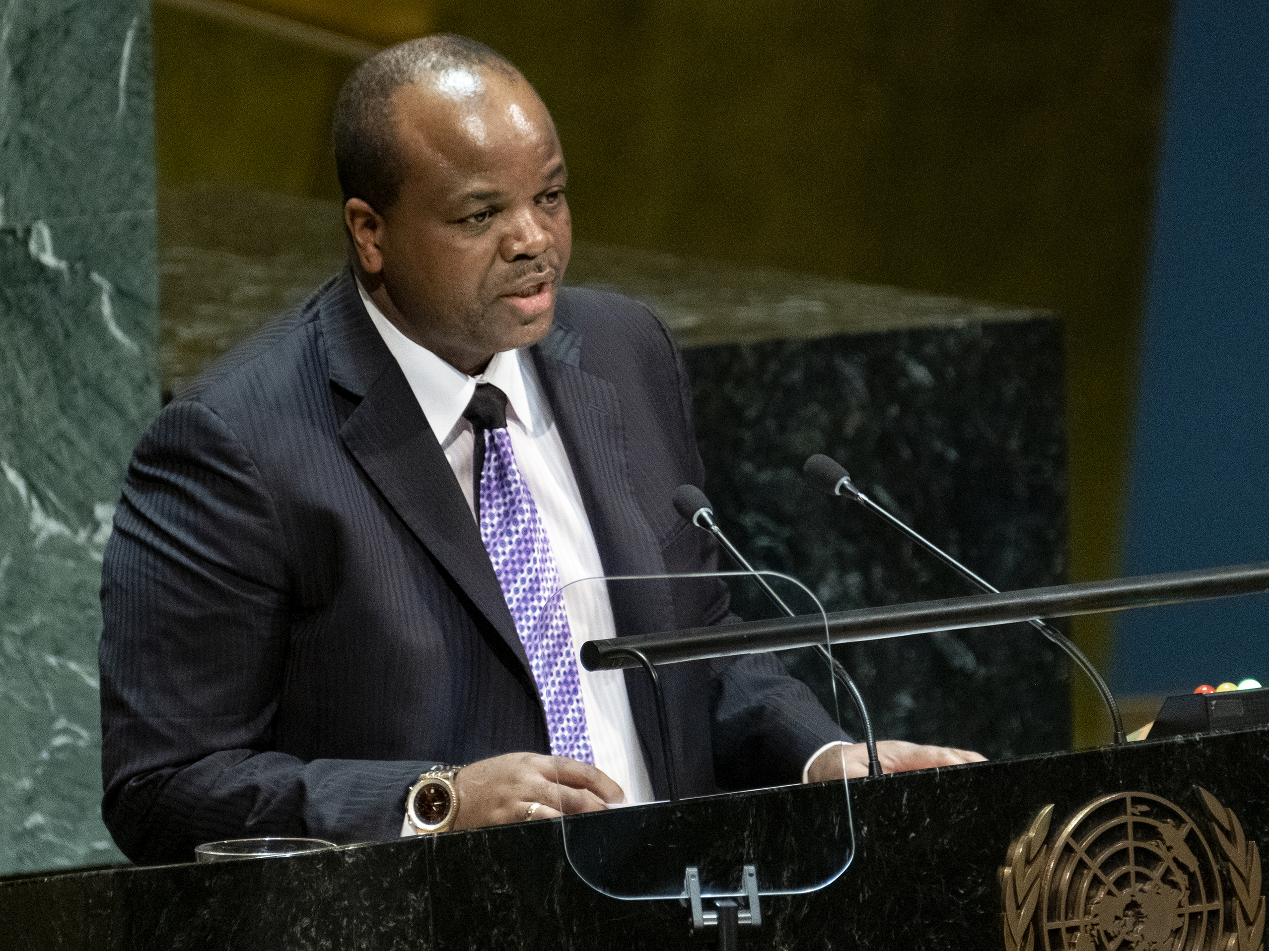 caption: Eswatini's King Mswati III addresses the United Nations General Assembly in 2019.