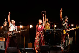 caption: Abraham Kim, Joe Ngo, Brooke Ishibashi, Jane Lui, and Tim Liu in Cambodian Rock Band at Arena Stage at the Mead Center for American Theater. 