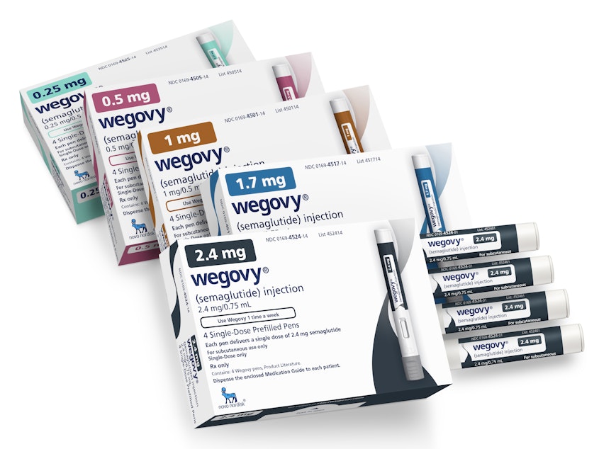 caption: This image provided by Novo Nordisk in January 2023 shows packaging for the company's Wegovy medication. The popular weight-loss drug can now be used to reduce the risk of stroke, heart attacks and other serious cardiovascular problems in patients who are overweight or who have obesity, the Food and Drug Administration said Friday.